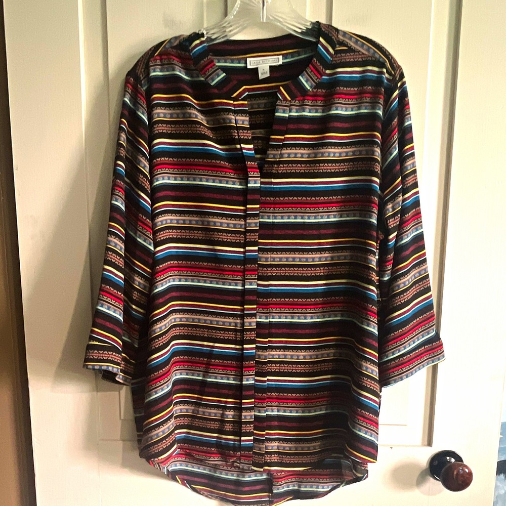 Dana Buchman Womens Blouse L Multicolor Striped 3/4 Sleeve Split Neck Button